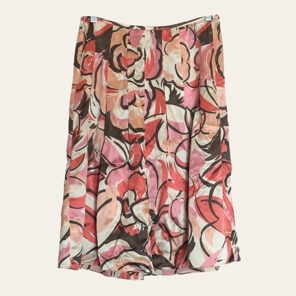 New York & Company 100% Silk Skirt 2 A-Line Pleated Floral Abstract Pink Brown